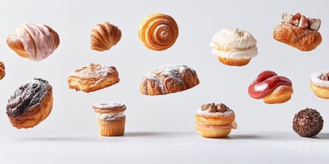 Delicious selection of assorted baked goods floating on display
