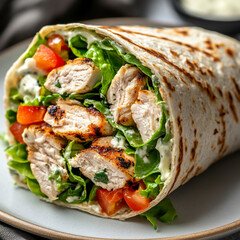 Delicious grilled chicken salad wrap with fresh lettuce tomatoes eat food meal lunch tasty snack