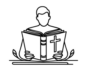 Minimal line art person reading open Bible – religious vector illustration