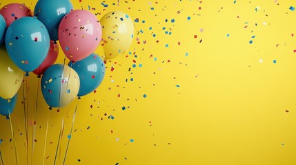 Festive celebration with vibrant balloons and colorful confetti against a bright yellow background creating a cheerful and joyful atmosphere perfect for party invitation