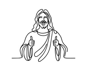 line art vector of jesus with both thumbs up, cheerful and symbolic gesture