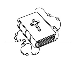 continuous line vector of a bible with rosary, religious and spiritual symbol