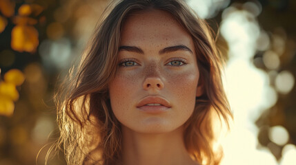 Fototapeta premium Close-Up Portrait of a Young Woman with Natural Beauty and Freckles Surrounded by Warm Autumn Light and Soft Nature Background