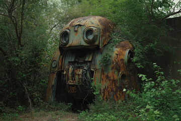 Lost Robotic Civilization &ndash; A Once Thriving AI-Driven City Now Entwined with Lush Vegetation.