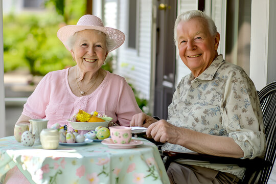 Happy elderly couple enjoying afternoon tea on a porch, filled with joy and companionship with a bright and cheerful mood