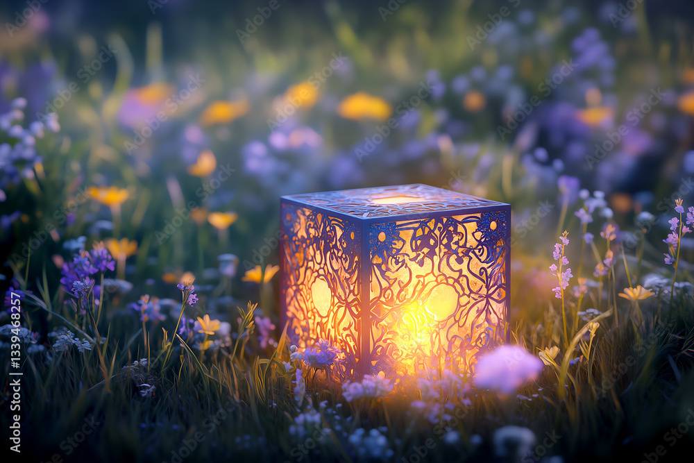 Poster glowing cube with intricate patterns set in a flower field, emanating a warm light and evoking a sen