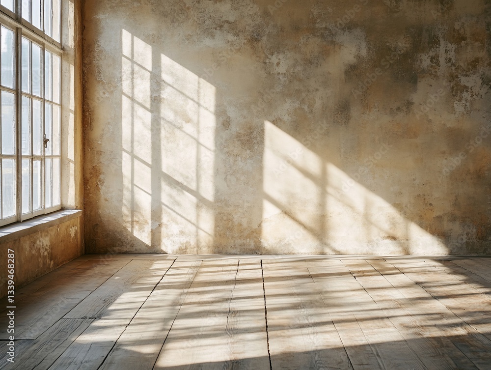 Leinwandbilder sunlight streams through a large window in an empty room with textured walls and wooden floors.