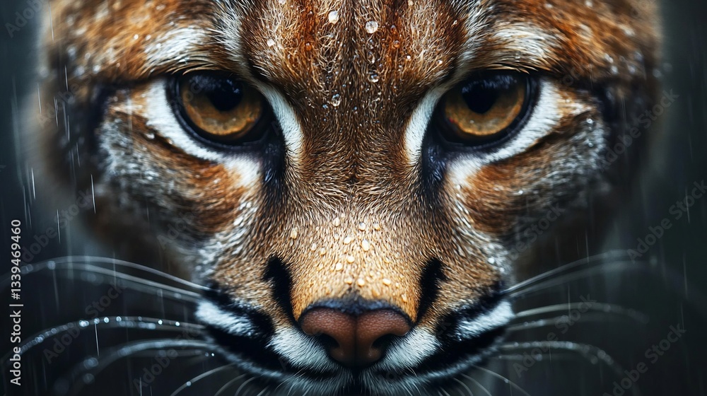 Poster close-up of a lynx's face in the rain, showing its intense gaze and wet fur.