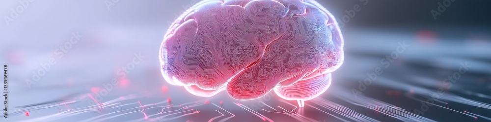 Poster a brain with red and purple colors is displayed on a computer screen. concept of intelligence and co