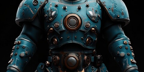 An armored suit in blue and gold is displayed closely