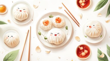 An artistic illustration of cute steamed buns with happy faces