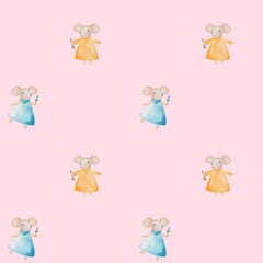 Similar to Maileg mice, seamless pattern with mice in Maileg style. Watercolor seamless pattern with mice for scrapbooking, printing on fabric, paper, etc. Fairytale pattern