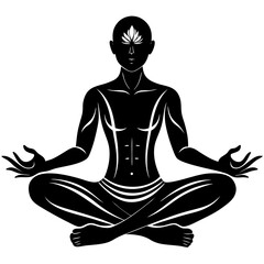 Silhouette vector illustration of a man sitting in a lotus position, symbolizing meditation, mindfulness, and inner peace