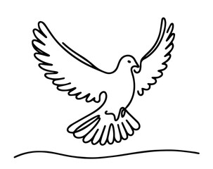 Continuous one‑line flying dove of peace over wave – minimalist vector illustration