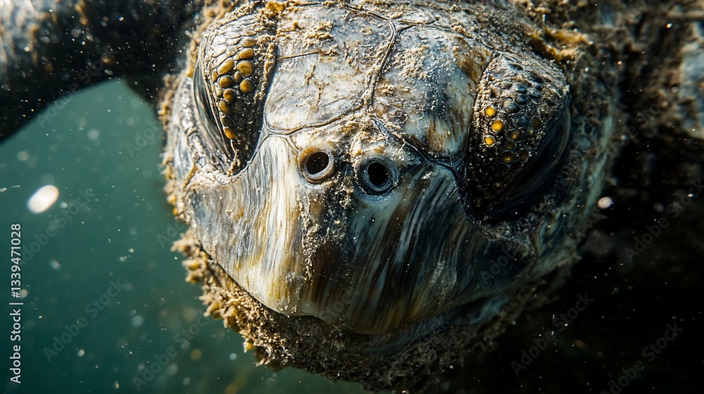 Poster close-up of a sea turtle's face underwater, showing texture and details.