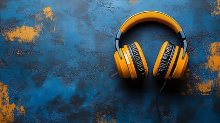 A pair of bright yellow headphones against a textured blue surface