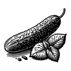 cucumber with leaves and seeds, engraving style vector, vintage hand-drawn illustration