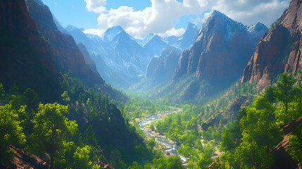 Obraz premium A breathtaking shot of layered rock formations in Utah Zion National Park, with soft shadows creating depth in the landscape