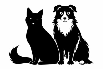 a dog and a ragdoll sitting together line art silhouette vector illustration