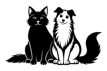 a dog and a ragdoll sitting together line art silhouette vector illustration