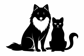 a dog and a ragdoll sitting together line art silhouette vector illustration