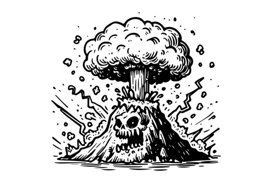 exploding volcano with skull and smoke cloud, black and white cartoon vector illustration