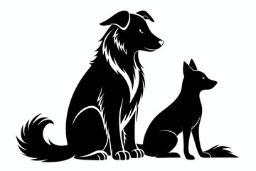 a dog and a ragdoll sitting together line art silhouette vector illustration