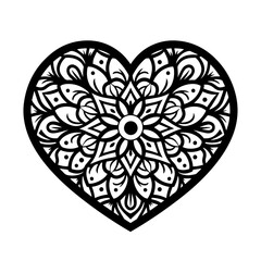 vector line drawing of a heart filled with an intricate mandala pattern, combining love and spiritual symbolism in black and white