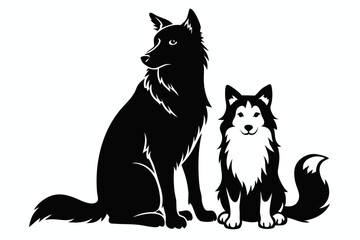 a dog and a ragdoll sitting together line art silhouette vector illustration