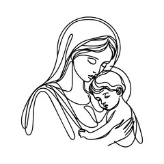 virgin mary with baby jesus, one line drawing vector, minimalist catholic religious illustration