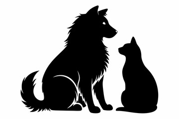 a dog and a ragdoll sitting together line art silhouette vector illustration