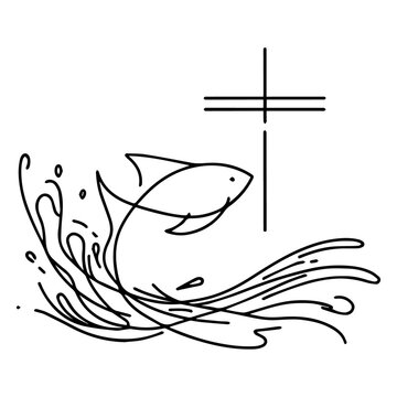 minimalist line art of christian fish jumping near cross and water splash vector