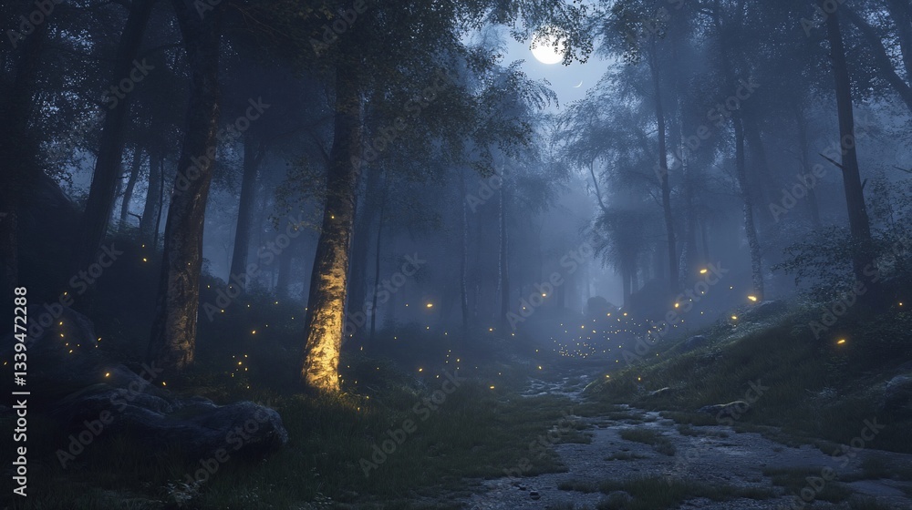 Poster moonlit forest path with glowing fireflies and mist.