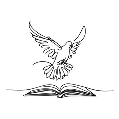 Fototapeta premium vector dove flying above bible line art