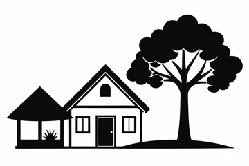 a house icon with a tree beside it line art silhouette vector illustration