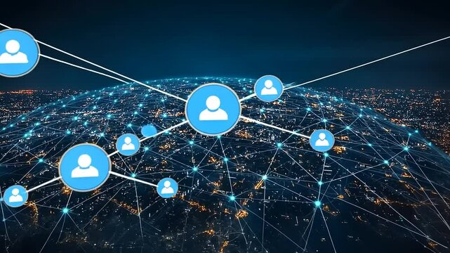 Digital network connections showcasing user profiles and data flow over a cityscape at night