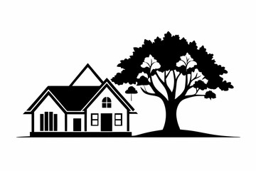 a house icon with a tree beside it line art silhouette vector illustration