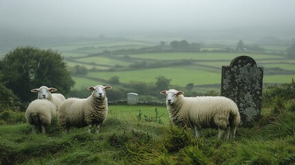 Obraz premium Sheep grazing misty green hills; ancient stone. Landscapes