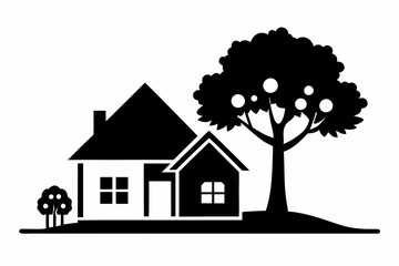 a house icon with a tree beside it line art silhouette vector illustration