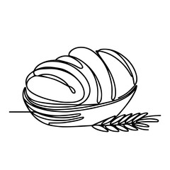 single line vector illustration of bread loaf with wheat ear, simple minimalistic design for bakery, organic food, and culinary projects