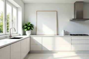Modern Minimalist Kitchen Design Featuring a Large Blank Canvas for Artwork or Advertisement with Bright Sunlight Streaming Through Window