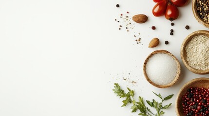 Fresh herbs spices almonds tomatoes and bowls on a white table