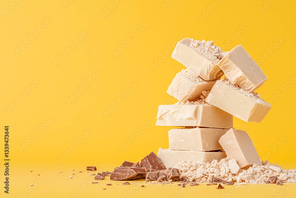 Poster stacked soap and crumble: a close-up shot of stacked rectangular bars of soap alongside crumbs and p
