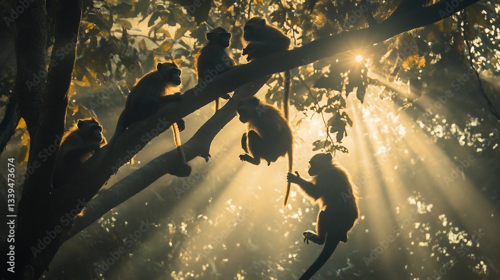 Poster silhouetted monkeys perched on a tree branch, backlit by the sun's rays.