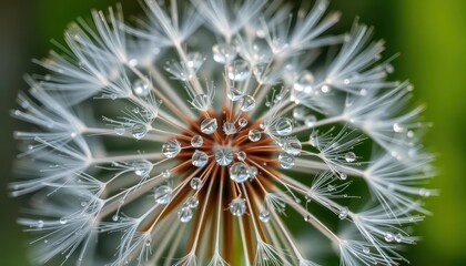 Fototapeta premium Close-up of dew-laden dandelion seed head, delicate, fragile, pure, flora