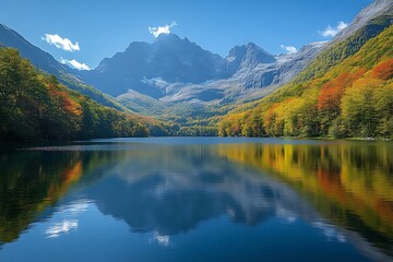 Obraz premium Autumnal lake reflecting mountains.