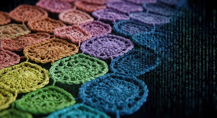Colorful Crochet Textile Pattern Interfaced with Digital Binary Code