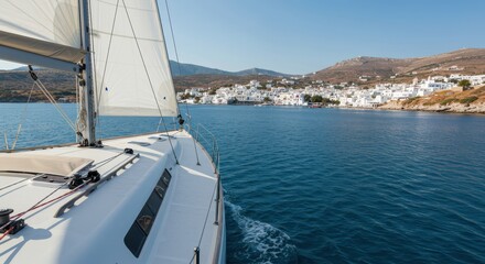 Sailing Along Coastline with White Buildings and Clear Blue Sky