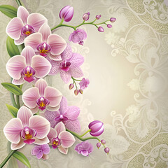 Pink Orchids Floral Design with Vintage Pattern Background