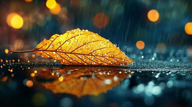 An artistic image featuring an orange leaf submerged in rain. The scene is enhanced by shimmering droplets and a dreamy background. Perfect for nature-themed projects. AI